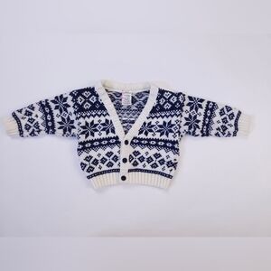 Vintage Infant Fair Isle Cardigan Sweater Navy Blue Ivory Acrylic 6-9 Months
